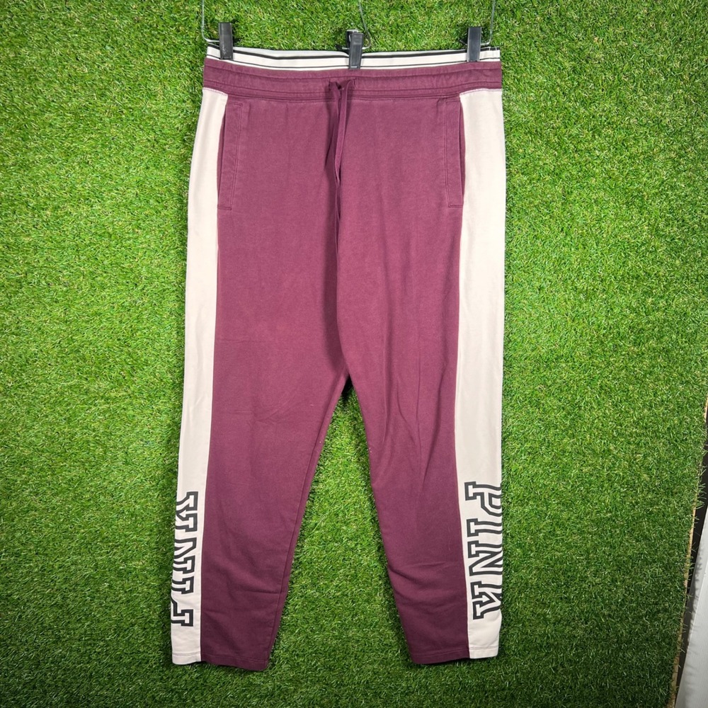 PINK Victoria's Secret Burgundy Colorblock Logo Jogger Sweatpants Womens Large